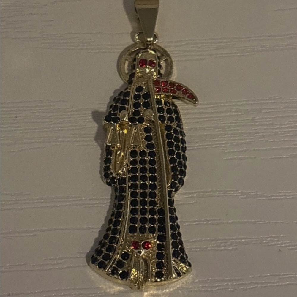 Gold Plated Grim Reaper Santa Muerte Large Pendant Black Red Crystal Gothic - Picture 7 of 10